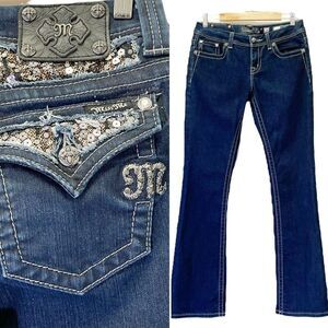 Miss Me Y2K Jeans Bling Rhinestone Back Flap Bootcut Dark Wash JE5731E2L Size 28